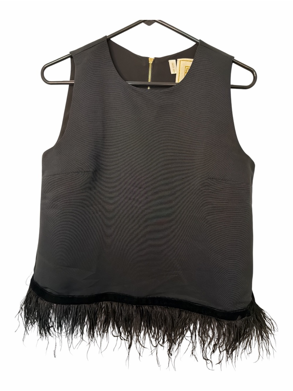 Emily McCarthy Sleeveless Black Feather-Hem Top